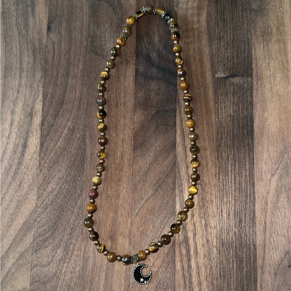 Red Mahogany & Yellow Tiger’s Eye & Gold Beaded Necklace with Crescent Pendant